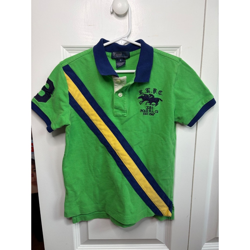 Polo Ralph Lauren Boys Green Big Pony Sash Polo Shirt Size 5 Short Sleeve
